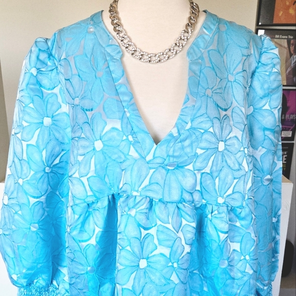 🏷️Tuckernuck Pomander Place Blue Daisy Jacquard Kenzo Tiered Dress XXXL - Picture 7 of 12